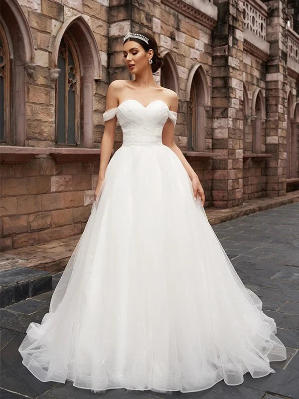 Elegant A-Line Sweetheart Off-Shoulder Princess Flowy Ivory White Floor-Length Wedding Dresses for Bride