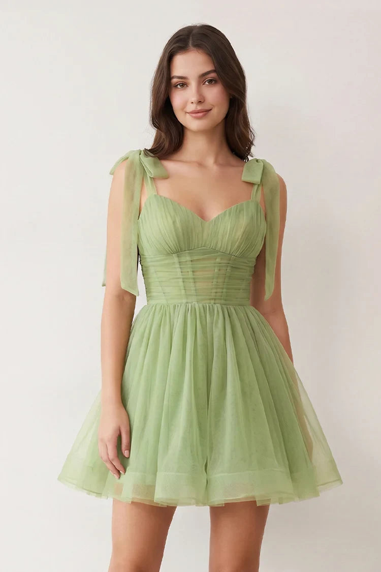 Elegant A-Line Sweetheart Pleated Tie-Shoulder Sage Green Short Homecoming Dress