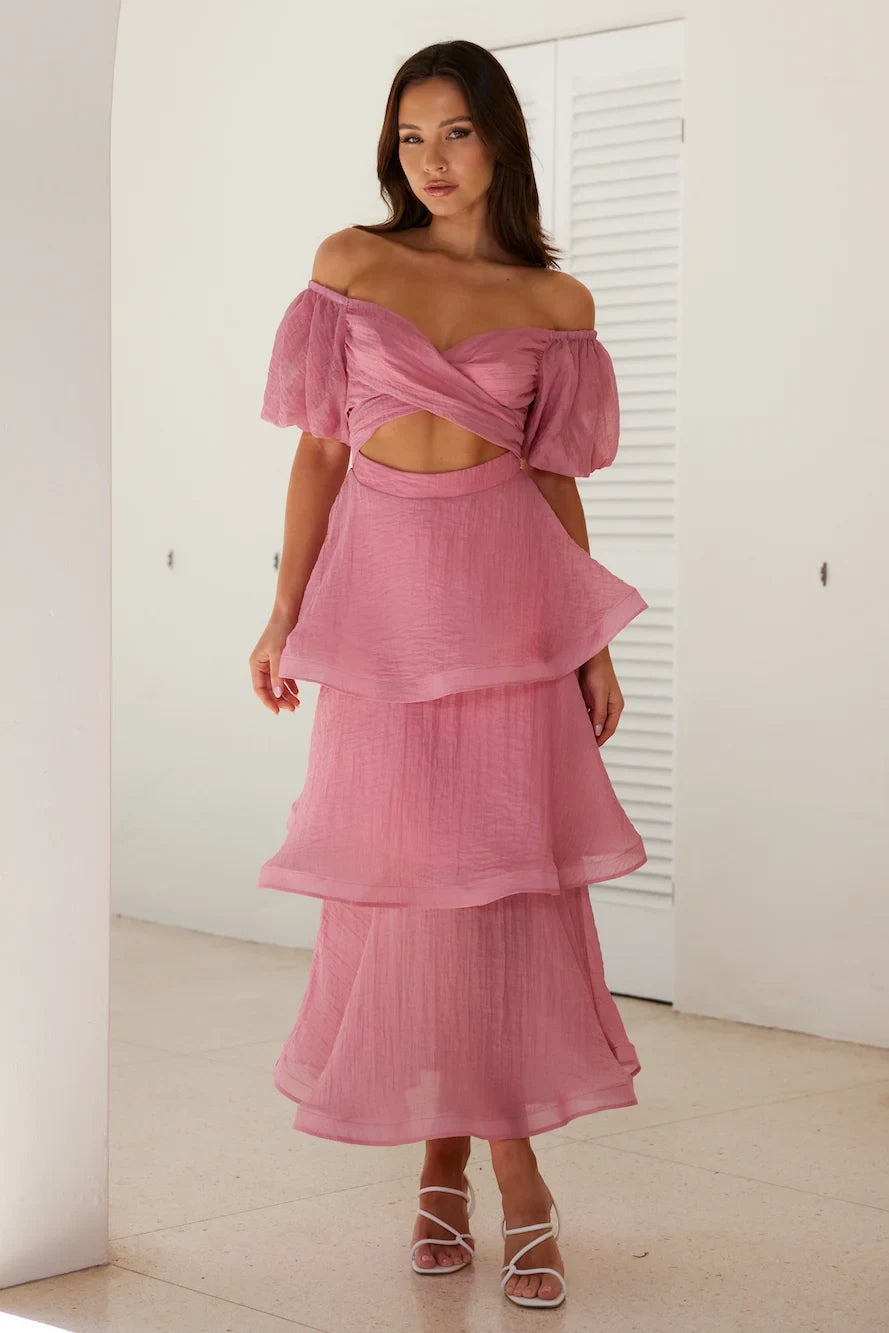Elegant A-Line Sweetheart Puffy Sleeve Ruffled Dusty Rose Midi Prom Dress