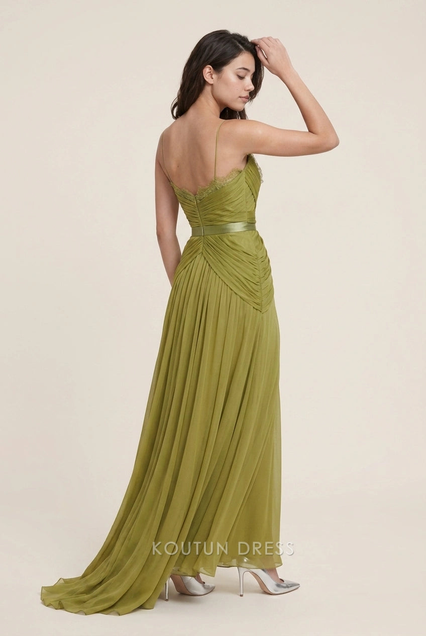 Elegant A-Line Sweetheart Ruched Lace Olive Floor-Length Prom Dresses
