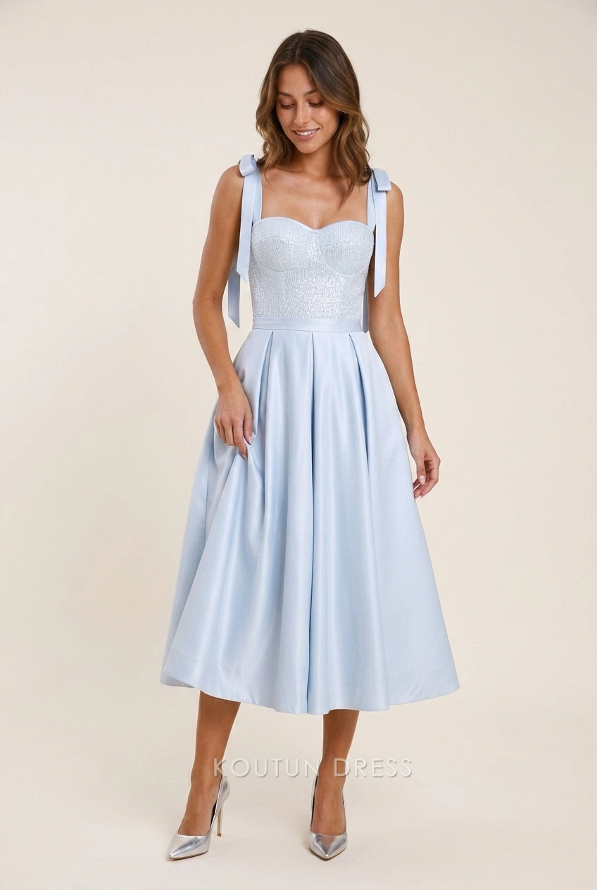 Elegant A-Line Sweetheart Sequin Bodice Tie-Shoulder Light Blue Midi Prom Dresses