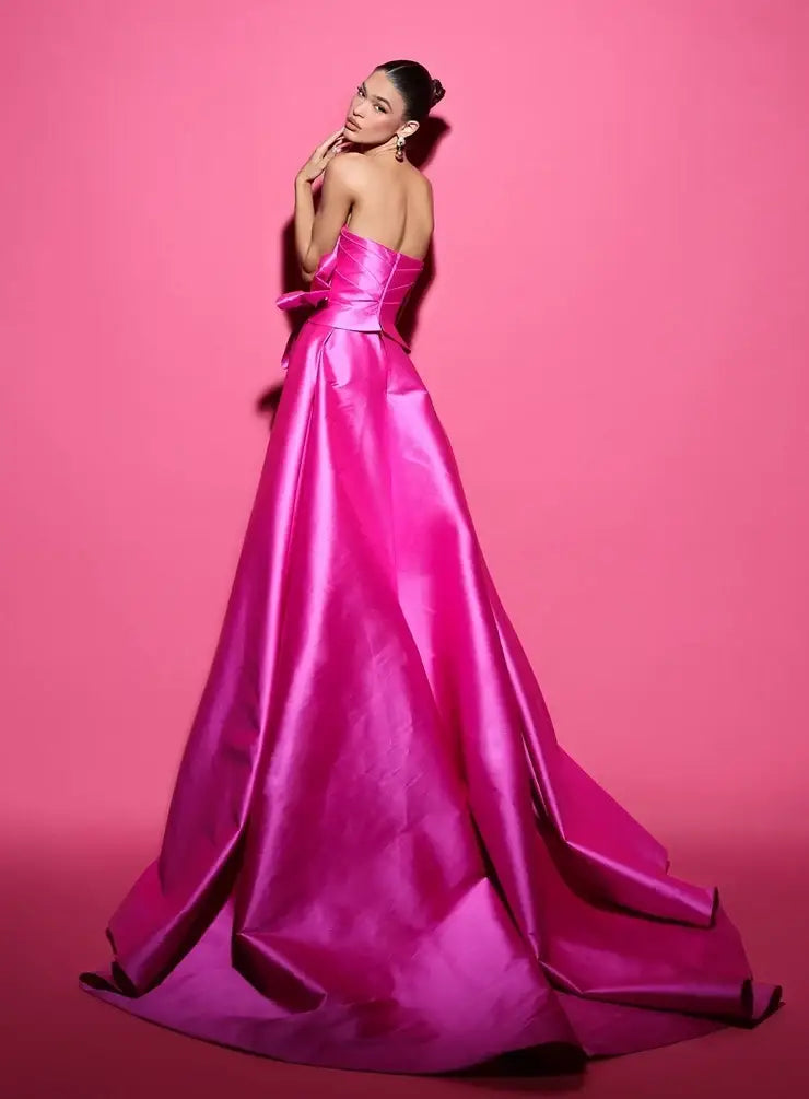 Elegant A-Line Sweetheart Sleeveless Bow Slit Fuchsia Floor-Length Evening Dress Gown