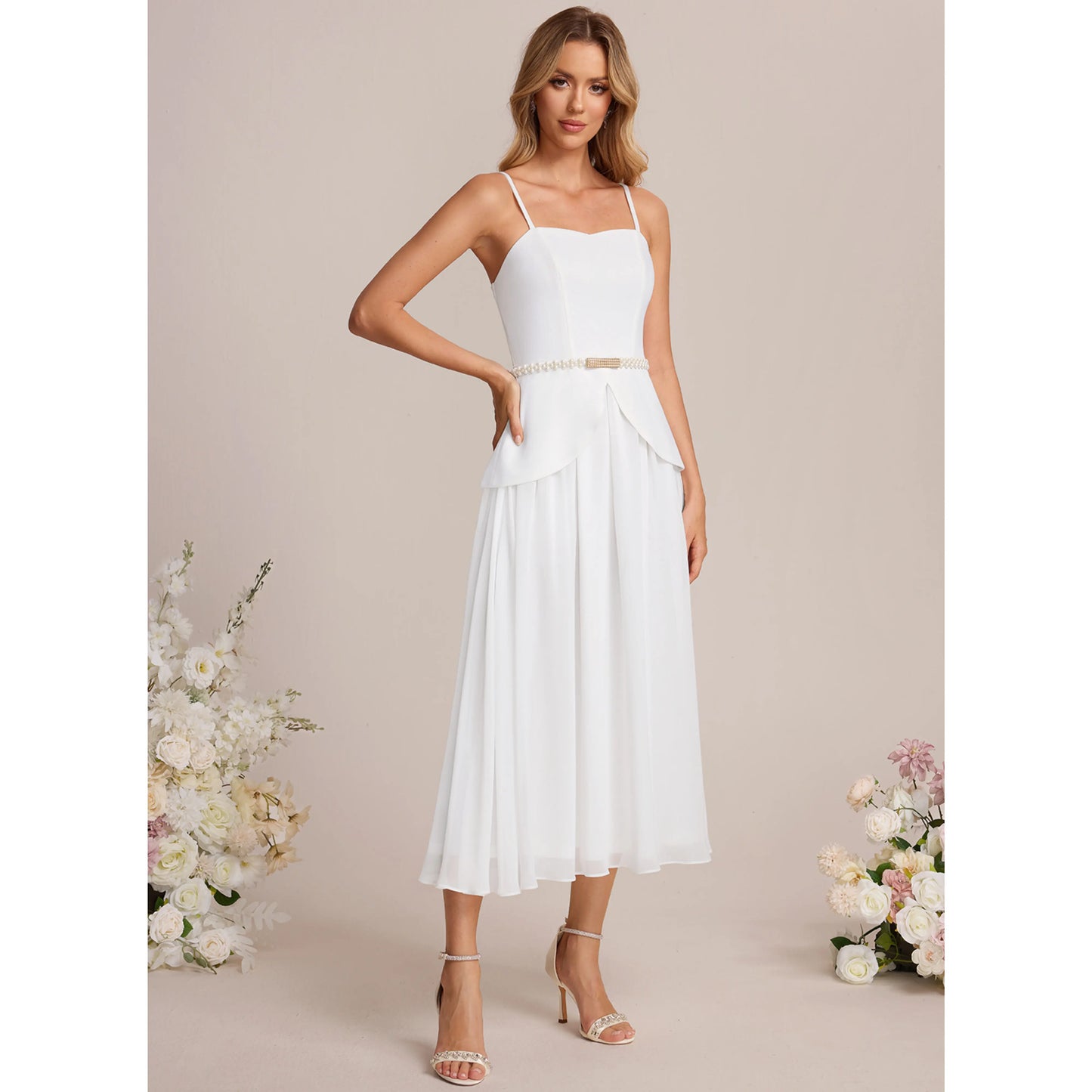 Elegant A-Line Sweetheart Sleeveless Chic Beaded White Midi Wedding Dresses Women's Gown