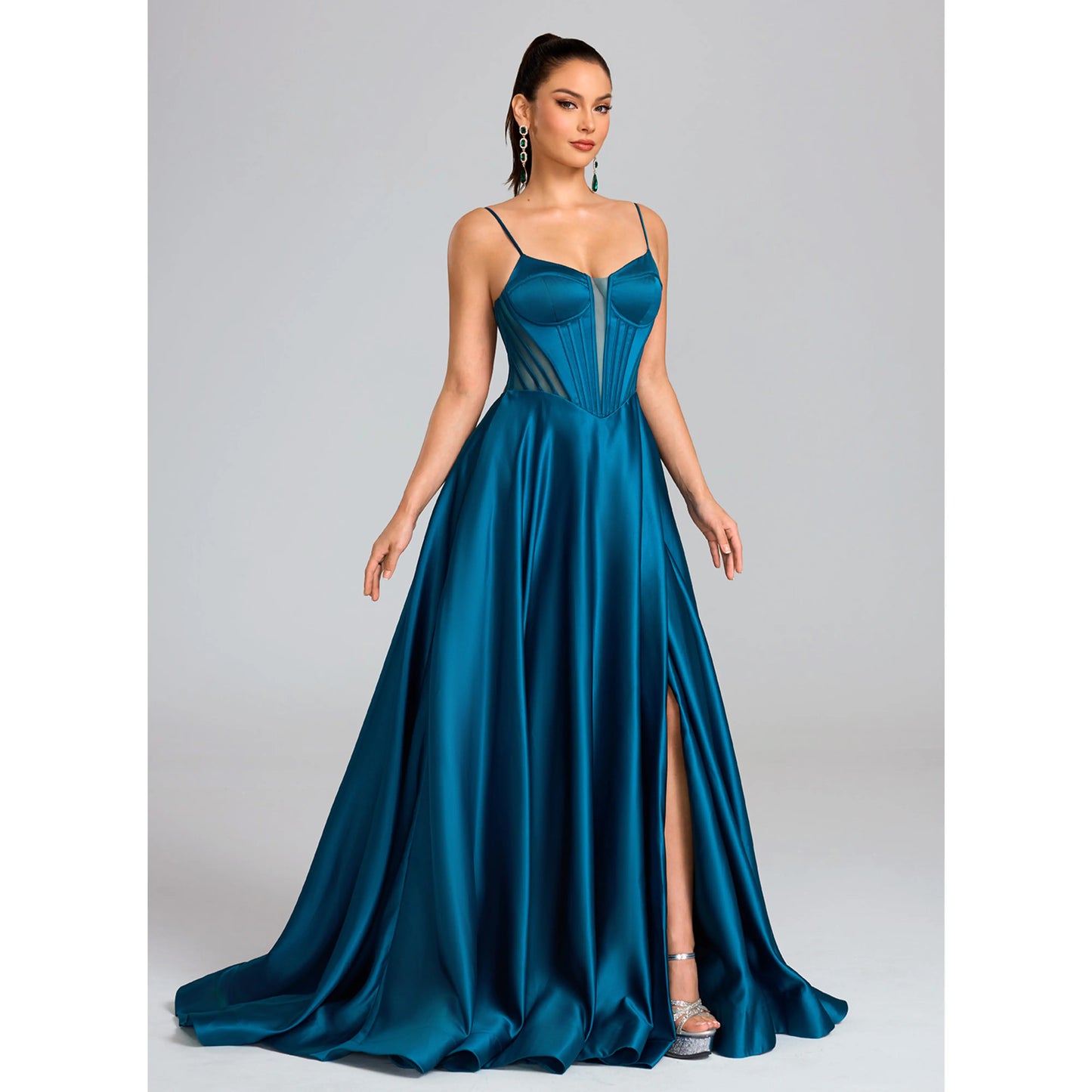 Elegant A-Line Sweetheart Sleeveless Corset Slit Teal Floor-Length Prom Dress