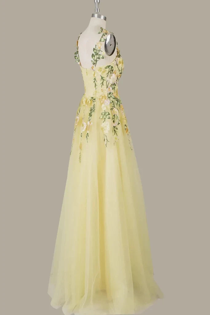 Elegant A-Line Sweetheart Sleeveless Floral Light Yellow Floor-Length Prom Dress