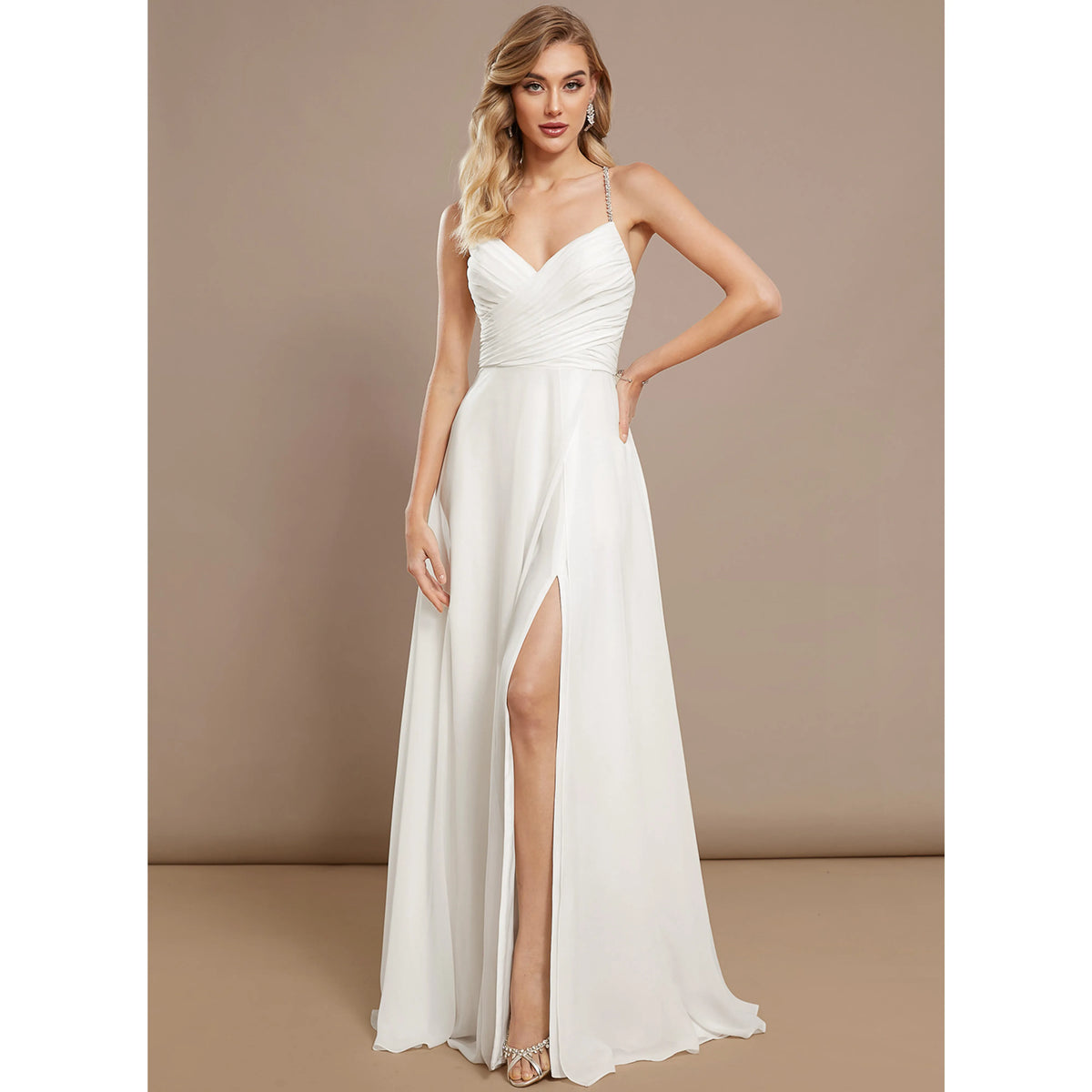 Elegant A-Line Sweetheart Sleeveless High Slit White Floor-Length Wedding Dresses