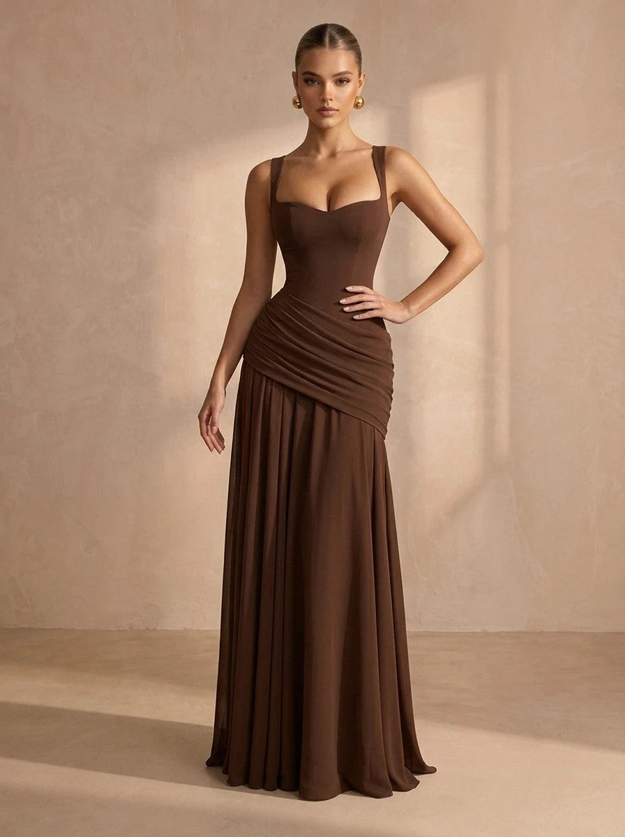 Elegant A-Line Sweetheart Sleeveless Ruched Corset Brown Long Prom Dresses Women