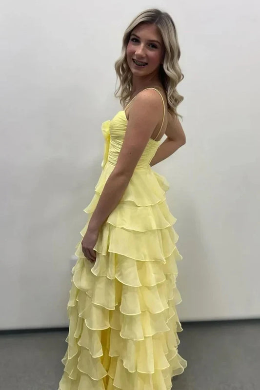 Elegant A-Line Sweetheart Sleeveless Ruffled Tiered Yellow Floor-Length Prom Gown