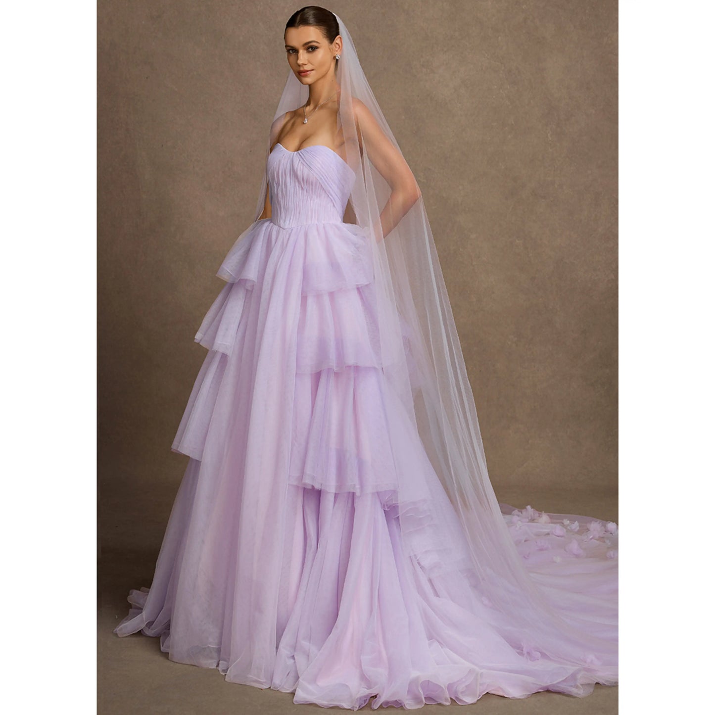 Elegant A-Line Sweetheart Sleeveless Tiered Ruffle Lavender Floor-Length Wedding Gown