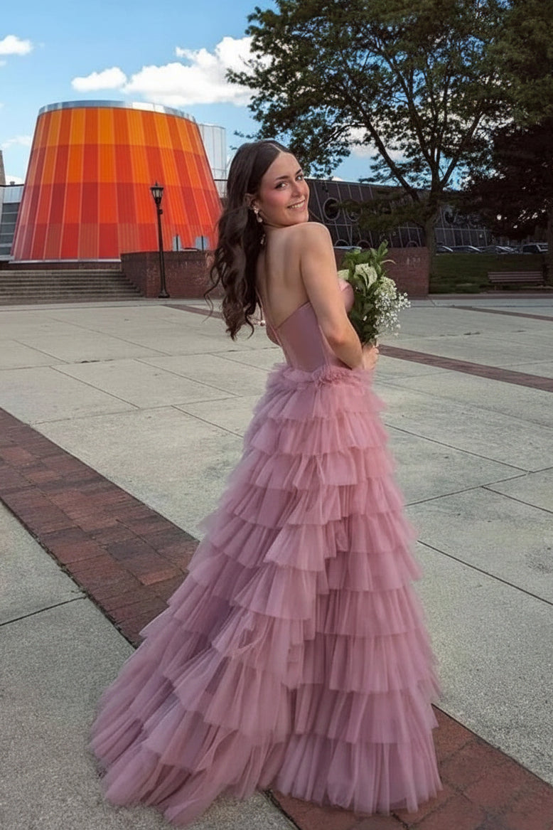Elegant A-Line Sweetheart Strapless Layered Ruffled Rose Pink Long Prom Dress