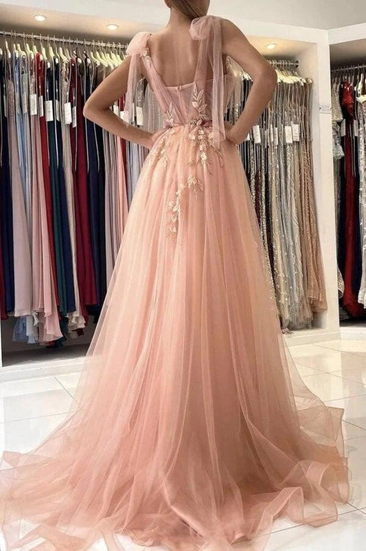Elegant A-Line Sweetheart Tie-Shoulder Floral Split Blush Pink Floor-Length Prom Gown