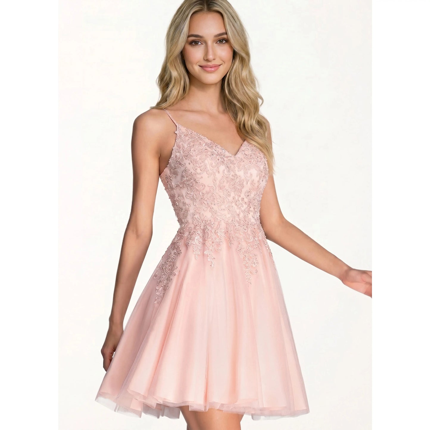 Elegant A-Line Sweetheart V-Neck Beaded Blush Pink Short Homecoming Dress