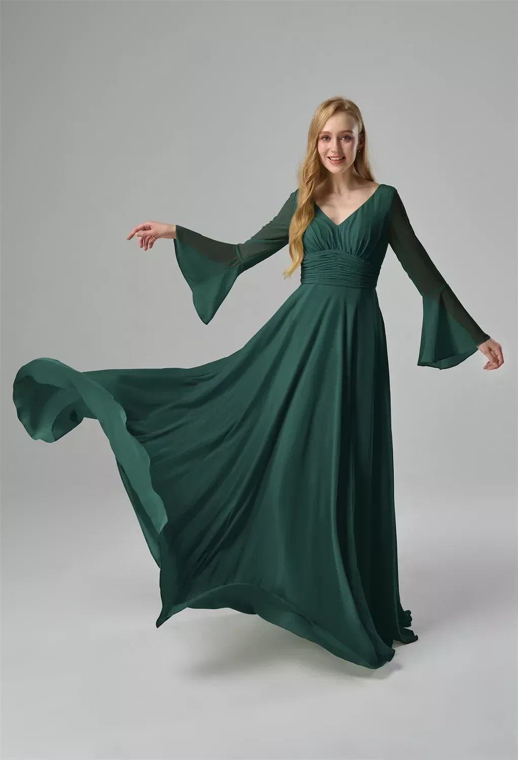 Elegant A-Line V-Neck Bell-Sleeve Pleated Slit Emerald Maxi Bridesmaid Dress Women