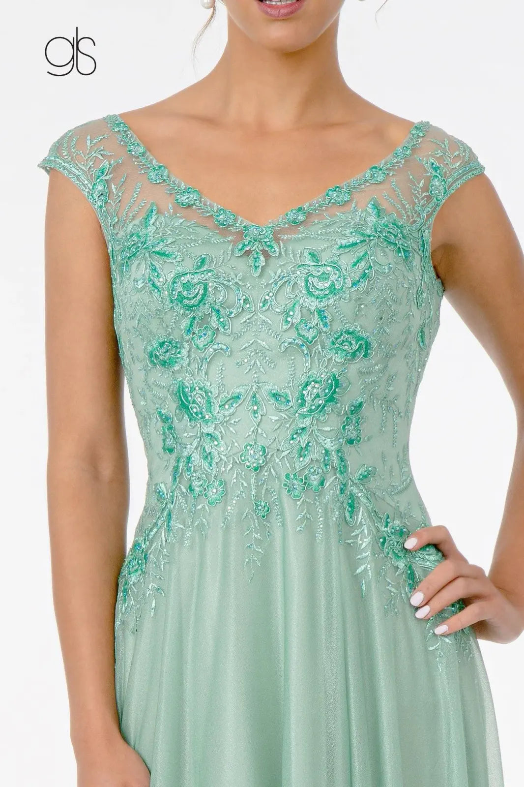 Elegant A-Line V-Neck Cap Sleeve Embroidered Mint Green Floor-Length Mother of the Bride Gown