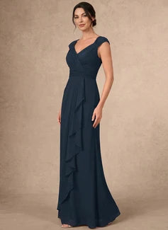 Elegant A-Line V-Neck Cap Sleeve Ruched Ruffled Dark Teal Floor-Length Gown