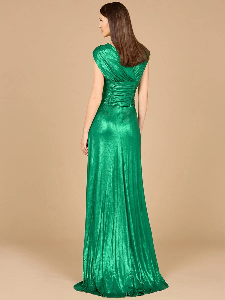 Elegant A-Line V-Neck Cap Sleeve Ruched Slit Emerald Green Mother of the Bride Gown