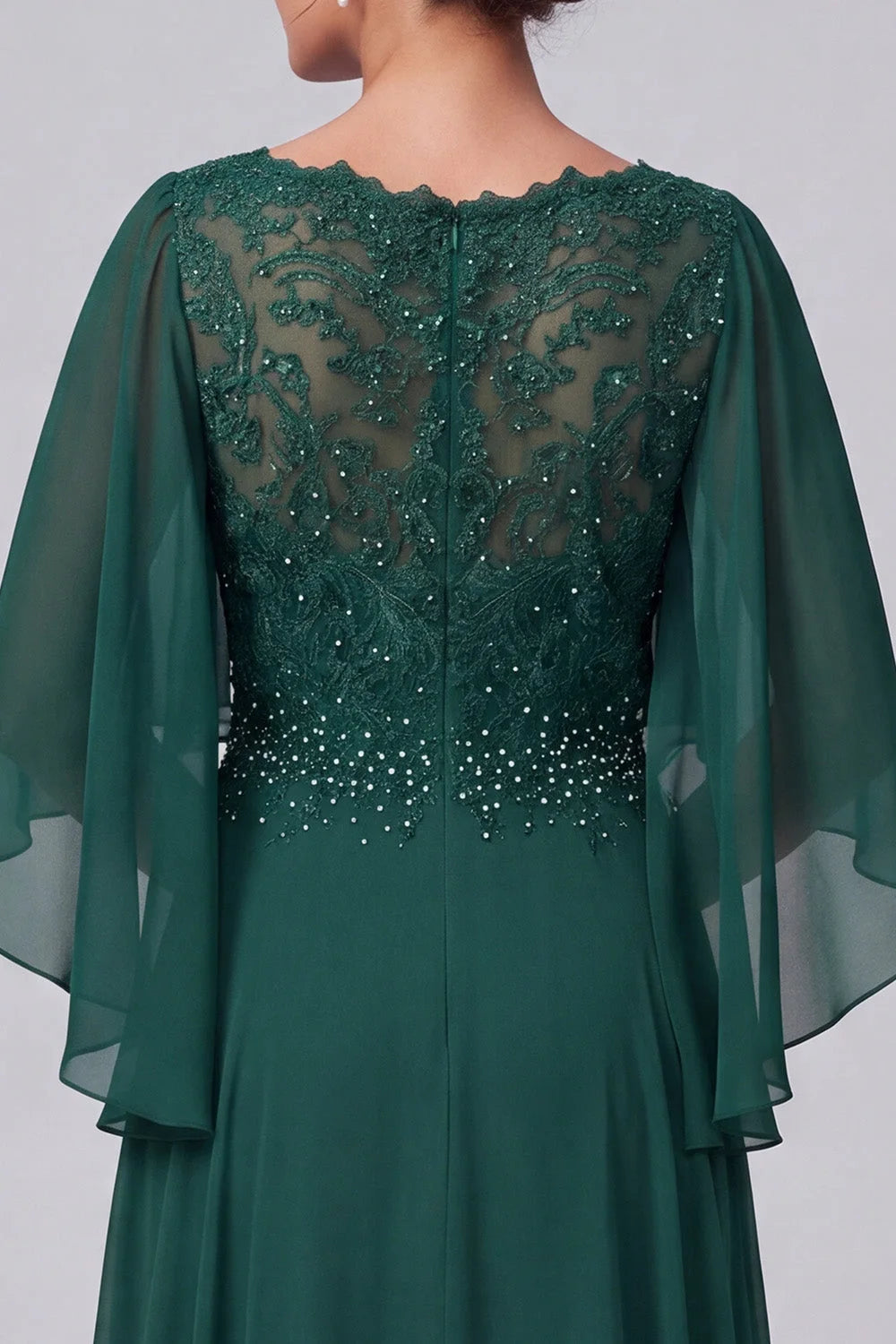 Elegant A-Line V-Neck Cape Sleeve Beaded Dark Green Floor-Length Prom Dresses