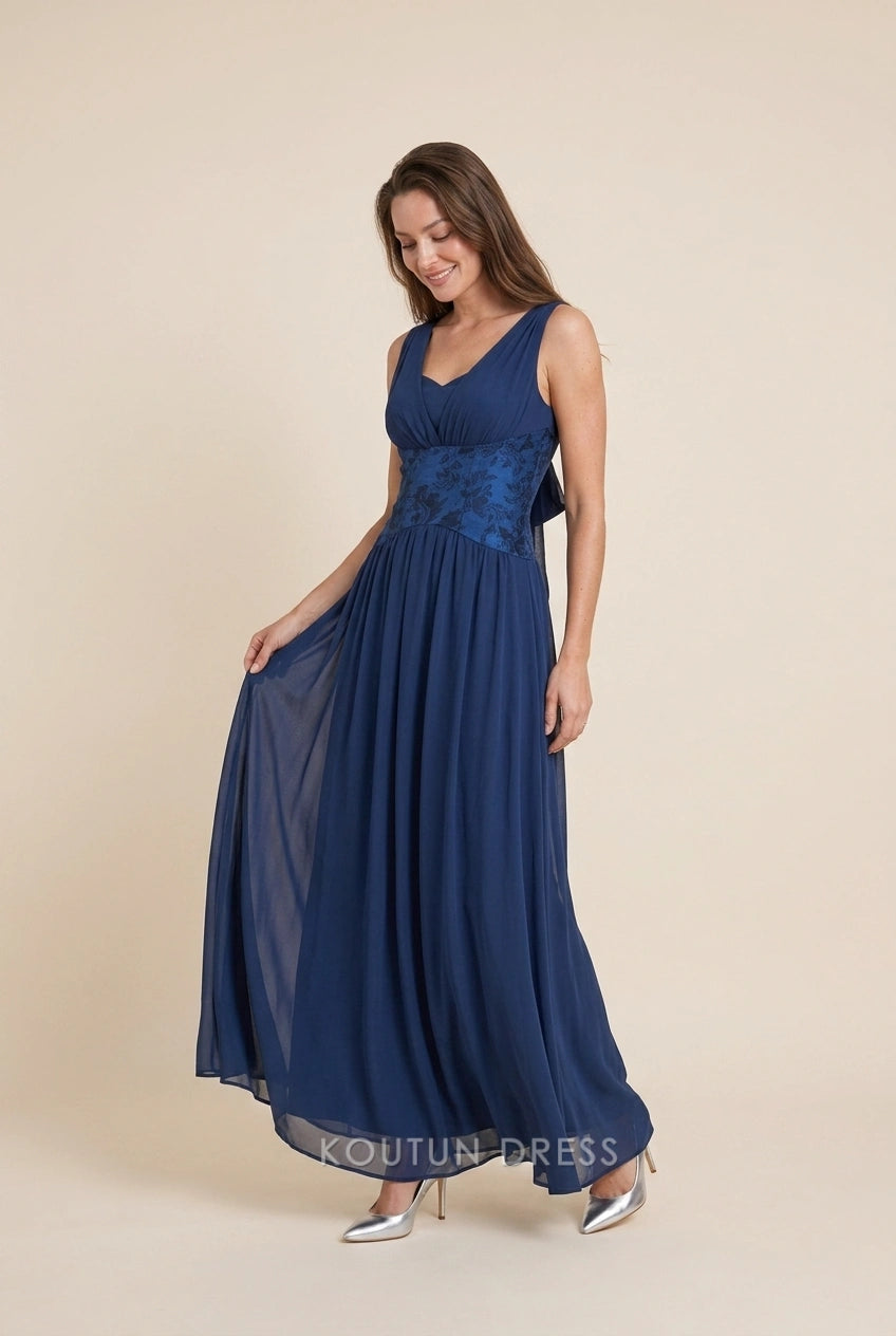 Elegant A-Line V-Neck Flowy Sleeveless Navy Blue Floor-Length Prom Dress