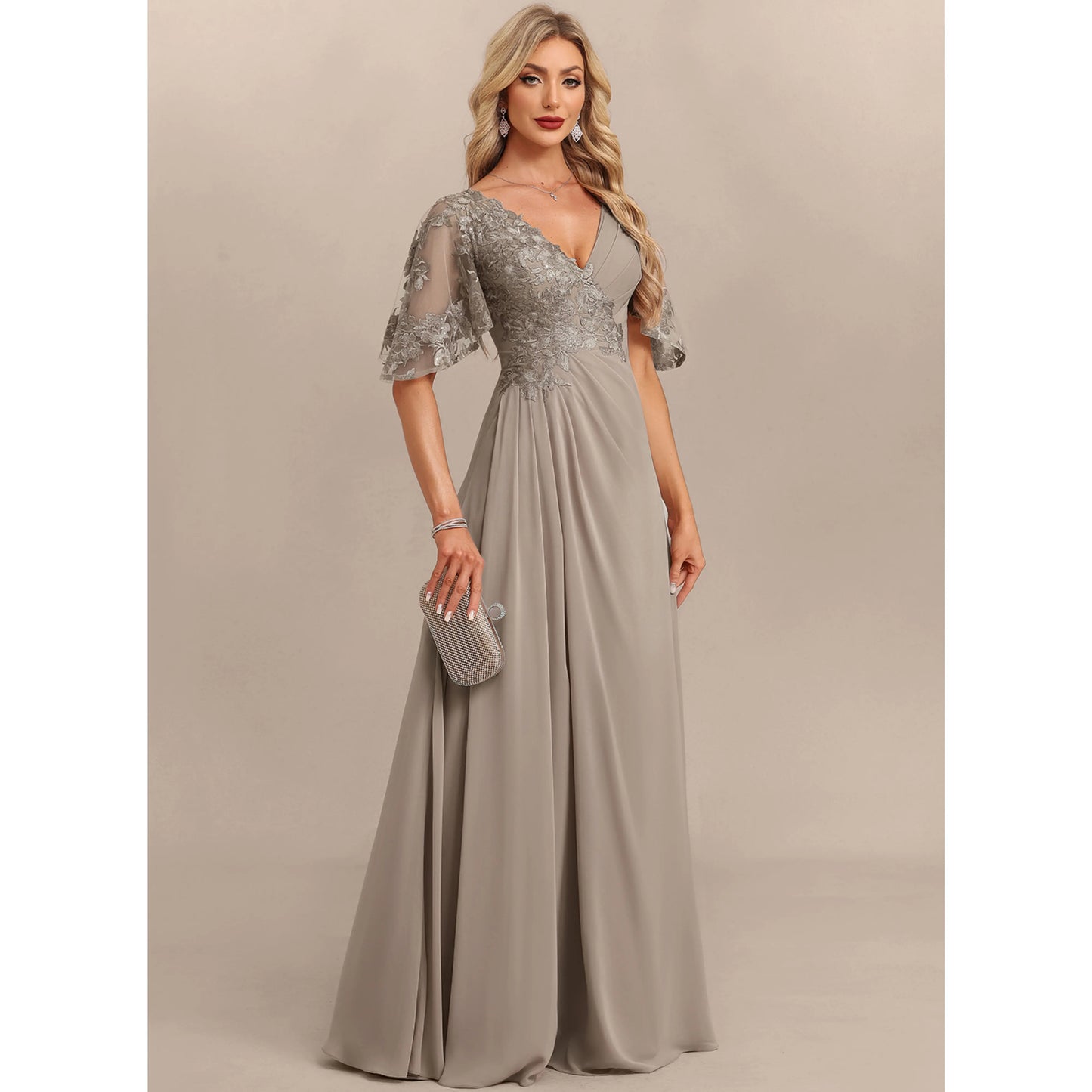 Elegant A-Line V-Neck Flutter Sleeve Embroidered Taupe Grey Floor-Length Women's Prom Dresses Gown