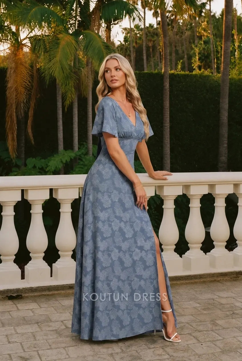 Elegant A-Line V-Neck Flutter Sleeve Floral Slit Dusty Blue Floor-Length Prom Dress