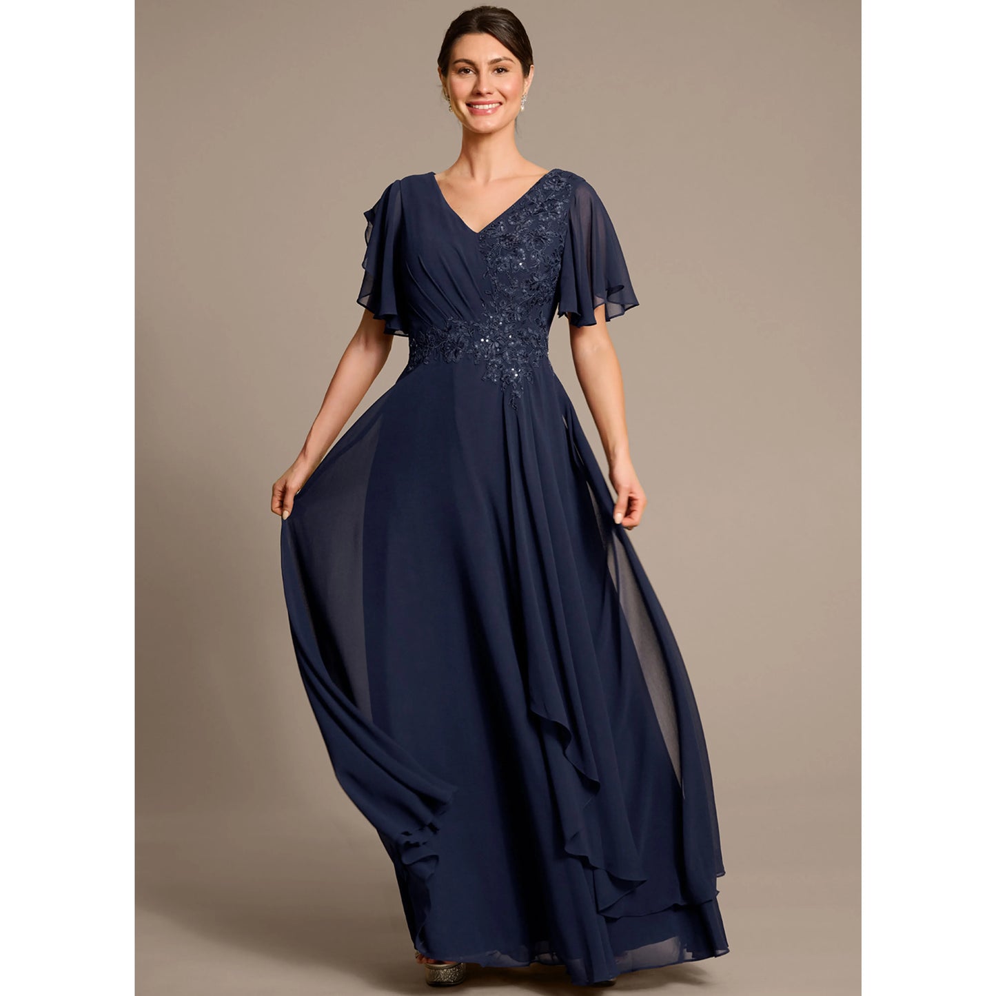 Elegant A-Line V-Neck Flutter Sleeve Navy Floor-Length Mother Of The Bride Dresses