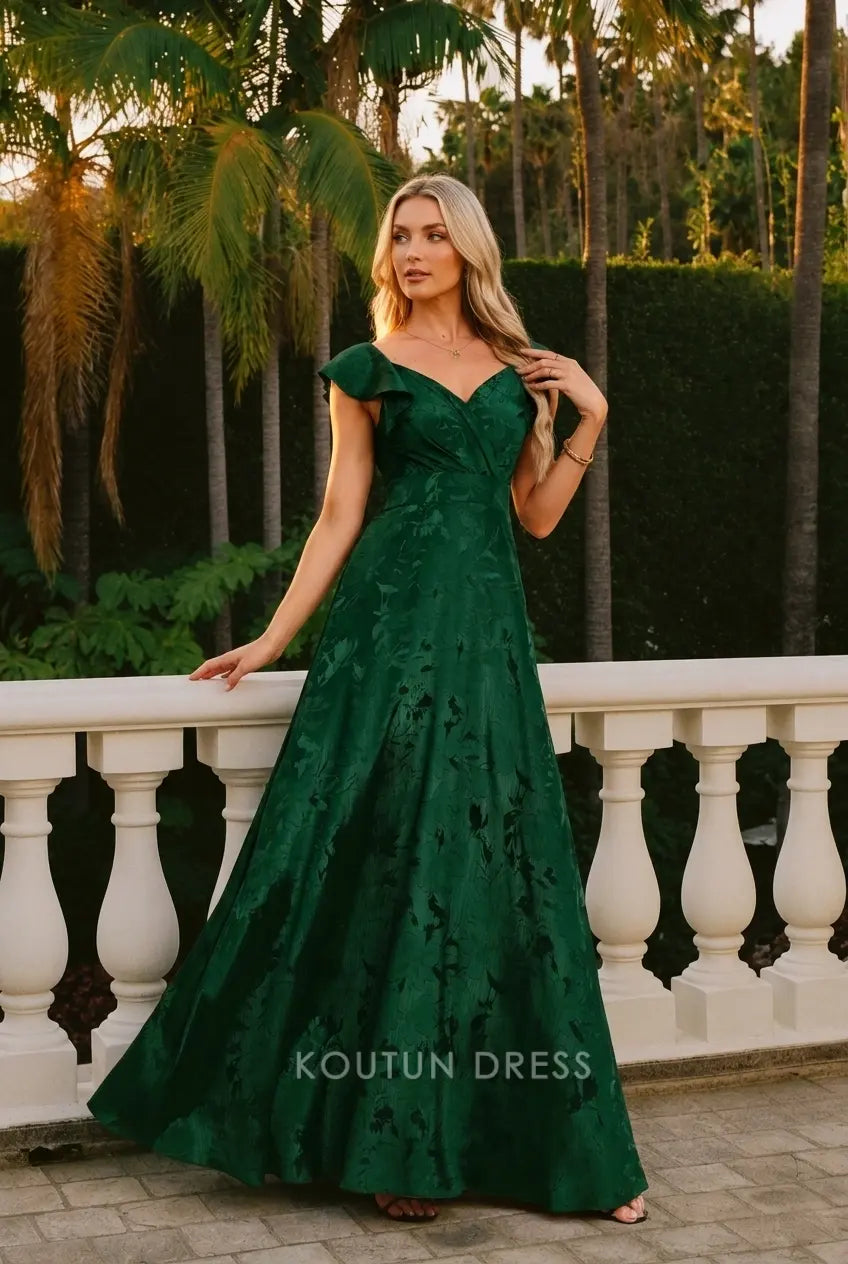 Elegant A-Line V-Neck Flutter Sleeves Floral Emerald Green Floor-Length Prom Dresses Women's