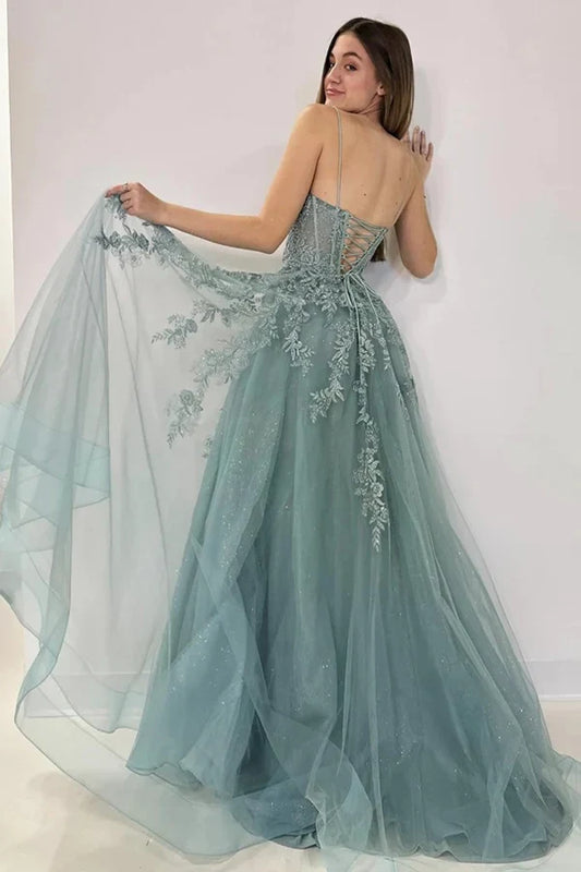 Elegant A-Line V-Neck Lace Applique Sparkling Dusty Teal Green Floor-Length Prom Dress