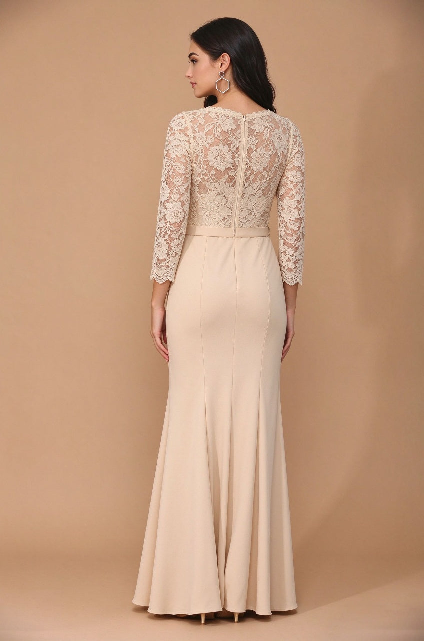 Elegant A-Line V-Neck Long Sleeve Formal Champagne Floor Length Mother of the Bride Dress
