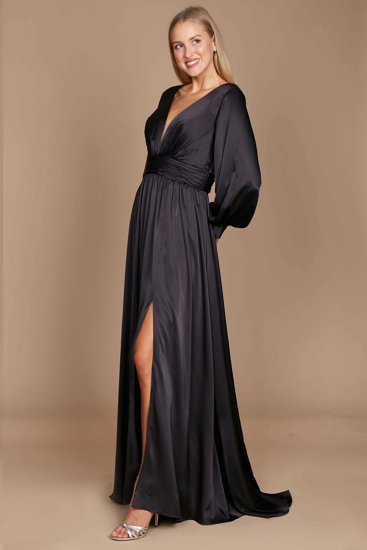 Elegant A-Line V-Neck Long Sleeve Ruched Black Floor-Length Mother of the Bride Gown