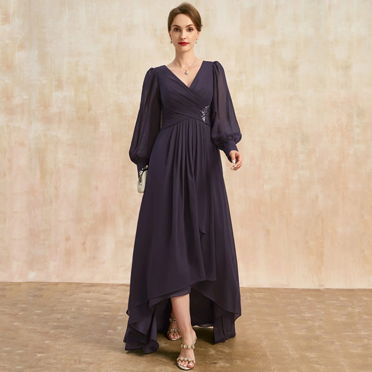 Elegant A-Line V-Neck Long Sleeve Ruched High-Low Mother of the Bride Gown