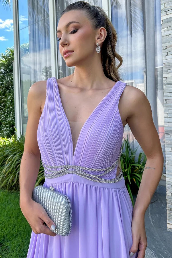 Elegant A-Line V-Neck Pleated Beaded Lavender Floor-Length Prom Dress