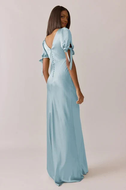 Elegant A-Line V-Neck Puff Sleeve Romantic Light Blue Floor-Length Bridesmaid Dress