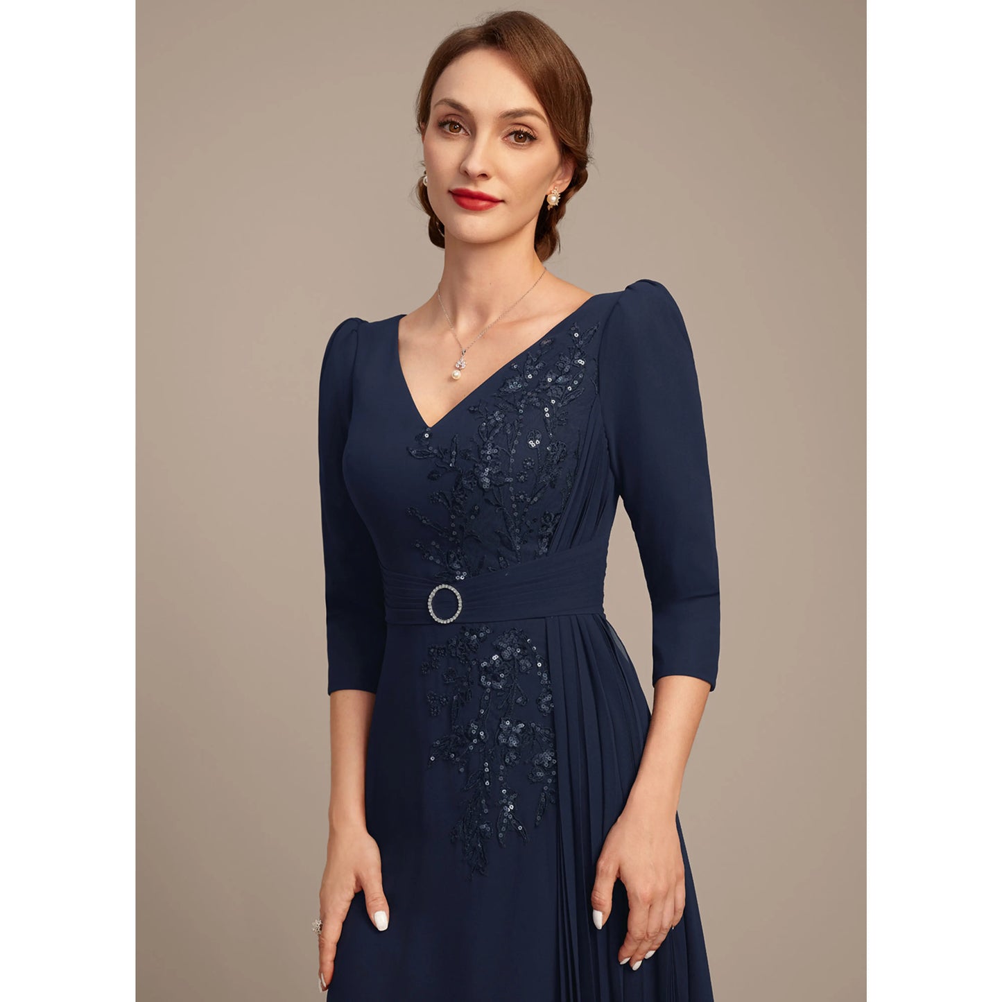 Elegant A-Line V-Neck Sequin Navy Floor-Length Mother of the Bride Gown