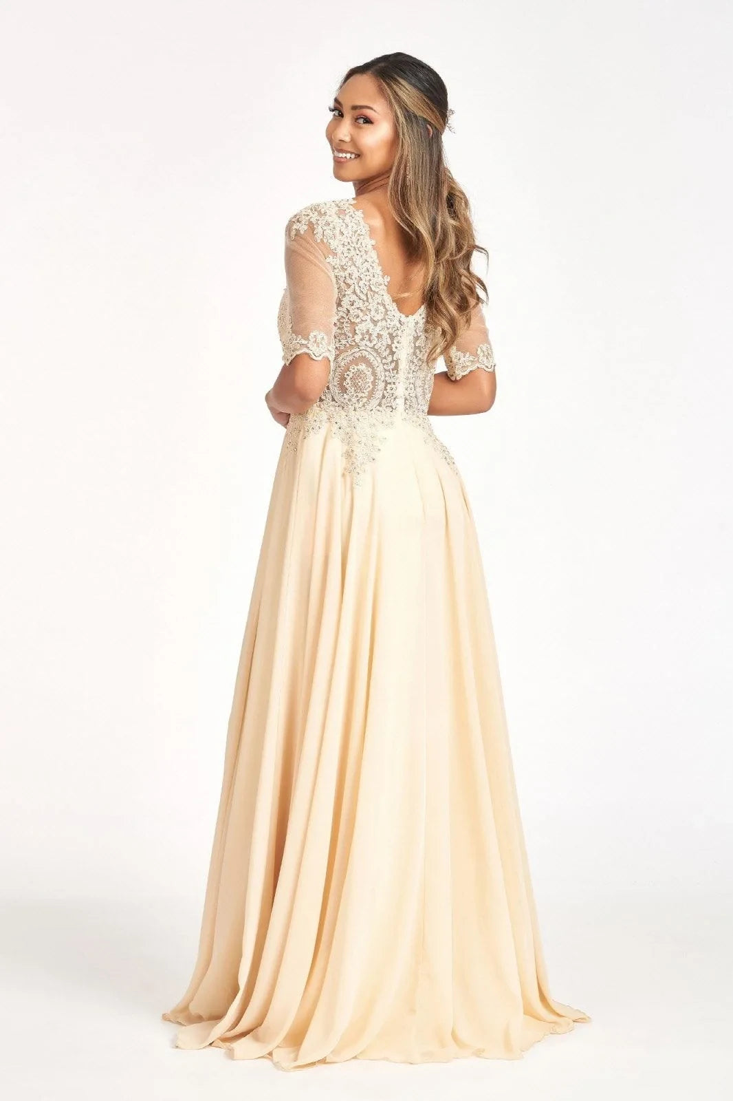 Elegant A-Line V-Neck Short Sleeve Beaded Champagne Floor-Length Mother of the Bride Gown