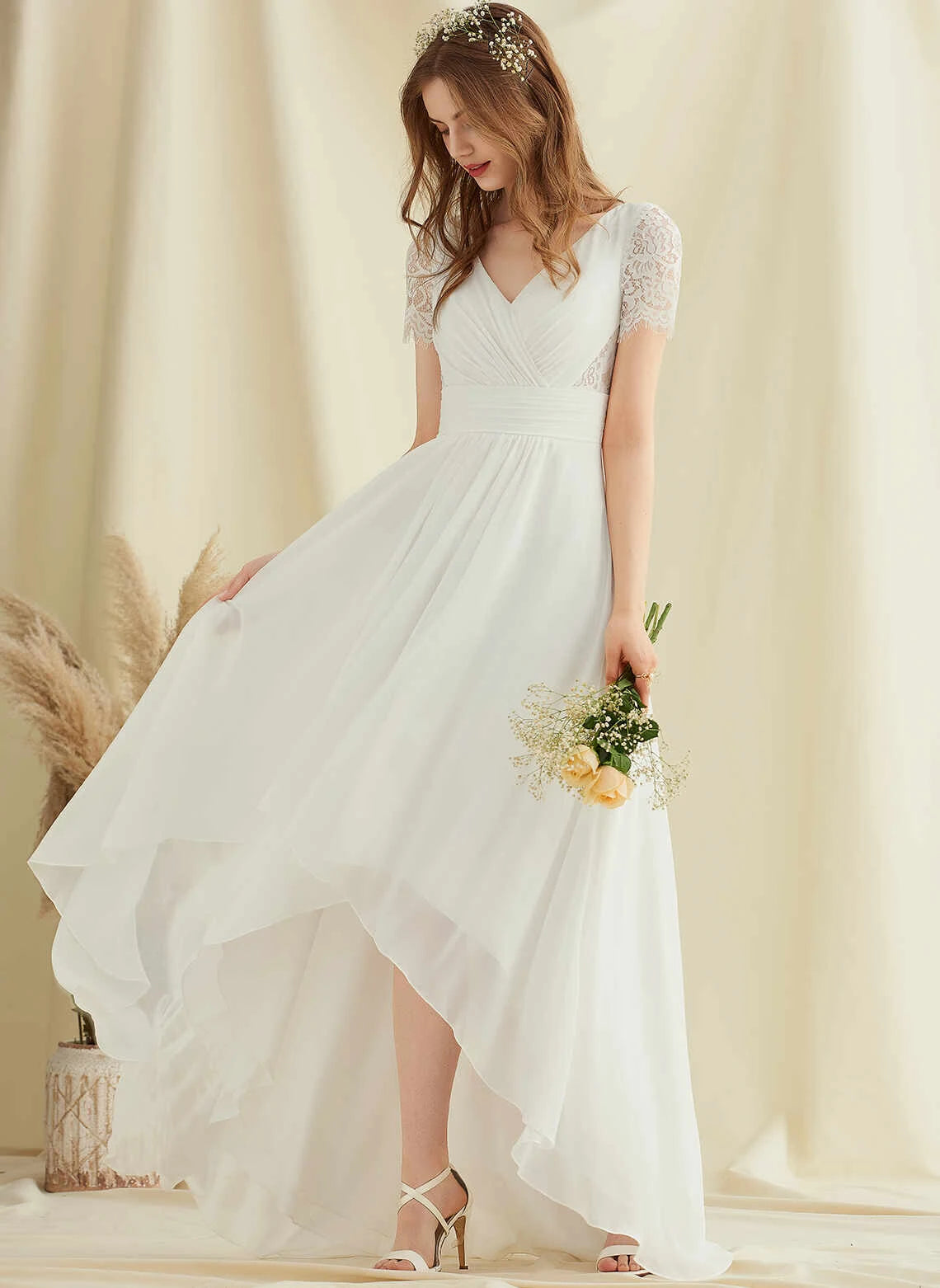 Elegant A-Line V-Neck Short Sleeve High-Low White Wedding Dresses Gown