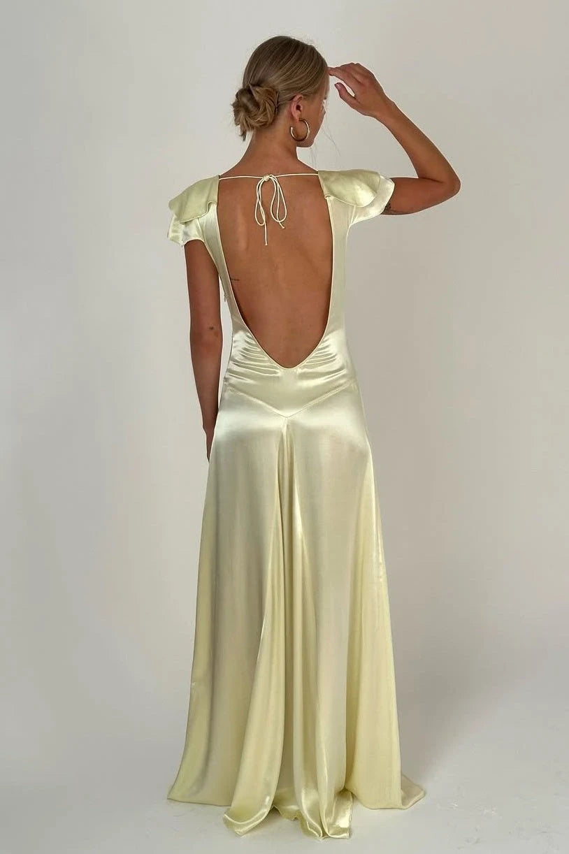 Elegant A-Line V-Neck Sleeved Backless Draped Yellow Maxi Prom Dresses Women