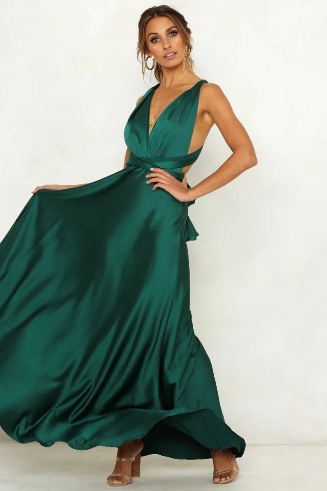 Elegant A-Line V-Neck Sleeveless Backless Pleated Green Maxi Evening Dresses Women