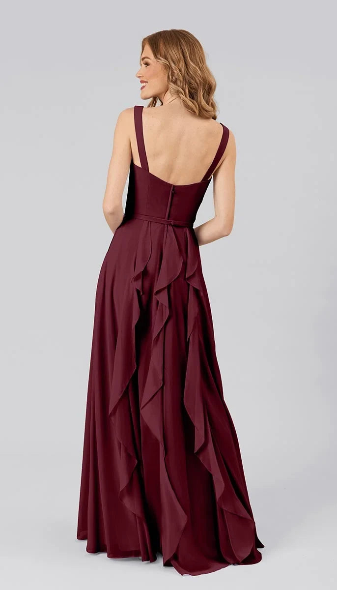 Elegant A-Line V-Neck Sleeveless Cascading Ruffle Burgundy Maxi Bridesmaid Dress Gown
