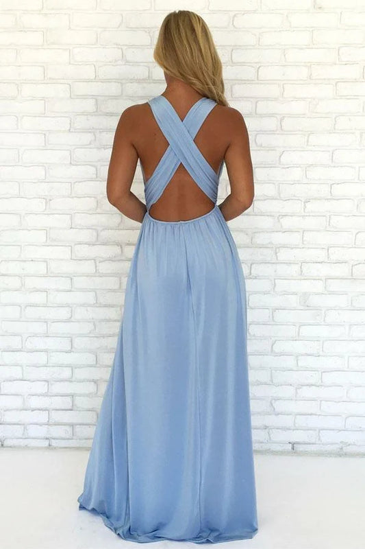 Elegant A-Line V-Neck Sleeveless Criss-Cross Slit Sky Blue Floor-Length Prom Dress