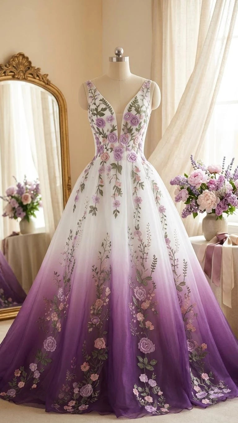 Elegant A-Line V-Neck Sleeveless Floral Ombre White Purple Floor-Length Prom Gown
