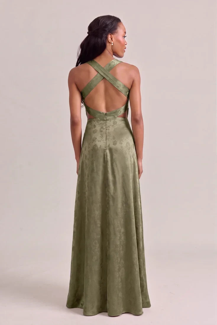 Elegant A-Line V-Neck Sleeveless Jacquard Backless Olive Floor-Length Prom Gown