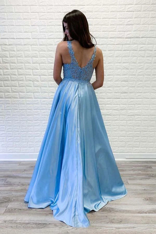 Elegant A-Line V-Neck Sleeveless Lace Light Blue Long Prom Dress for Women