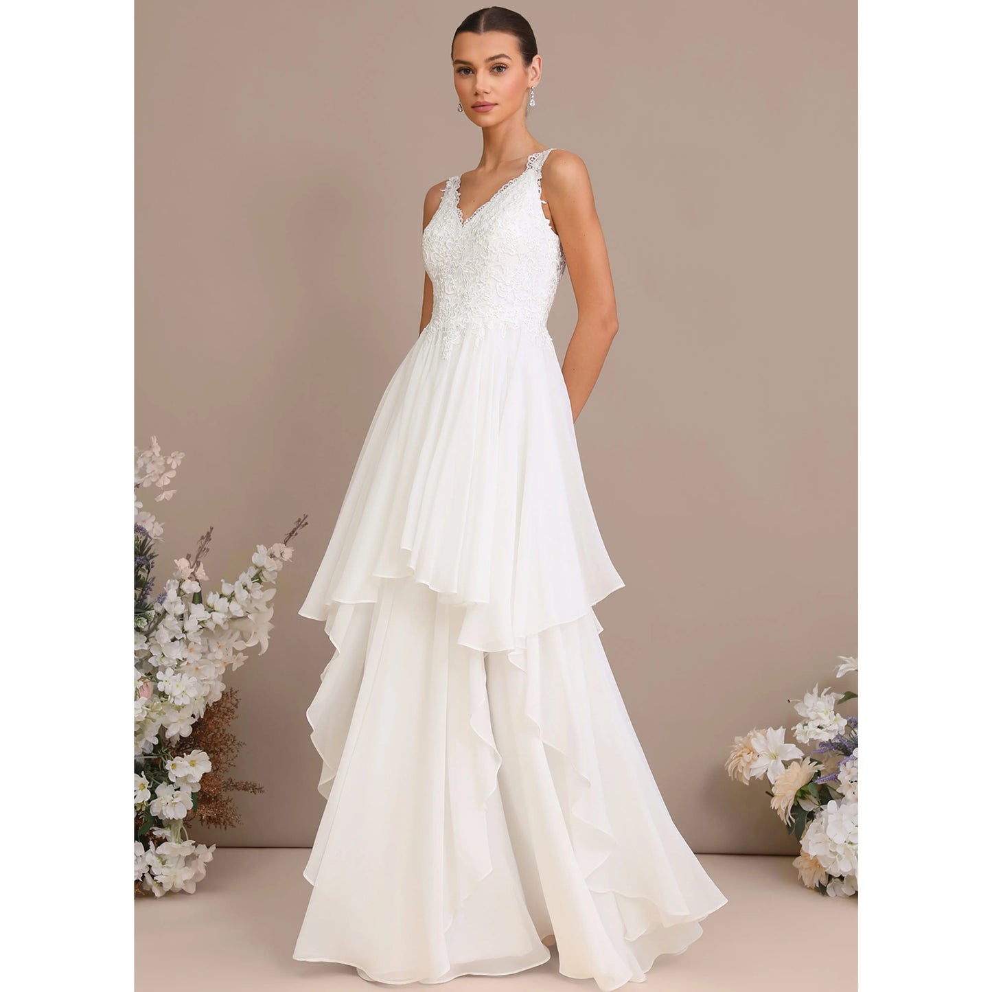 Elegant A-Line V-Neck Sleeveless Lace Tiered White Floor-Length Wedding Gown