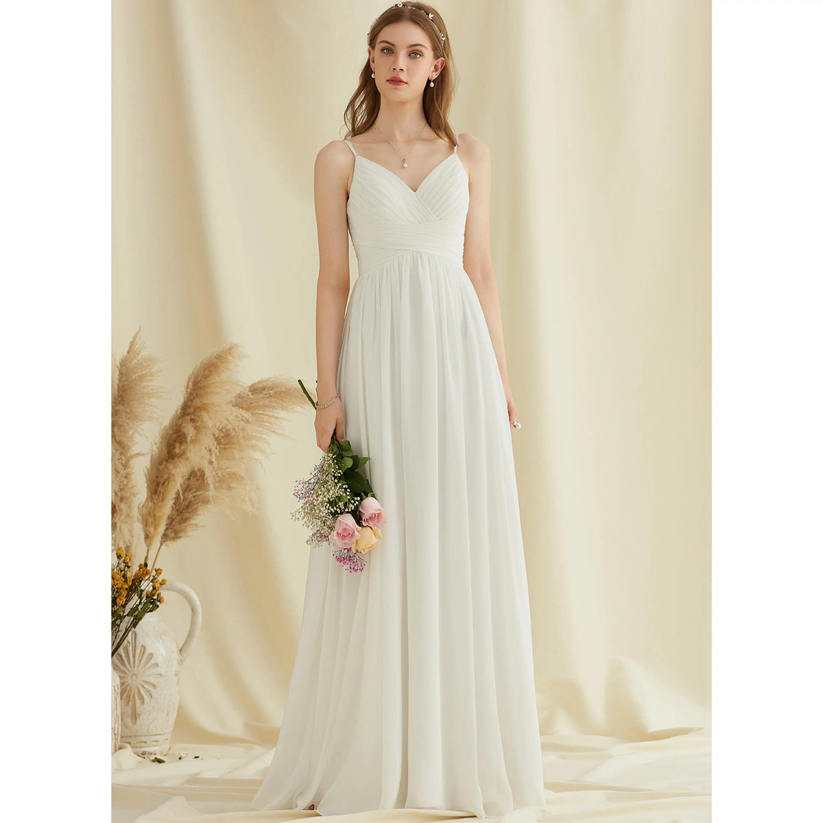 Elegant A-Line V-Neck Sleeveless Pleated Backless White Floor-Length Wedding Gown