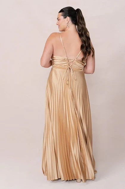 Elegant A-Line V-Neck Sleeveless Pleated Gold Floor-Length Bridesmaid Plus Size Gown