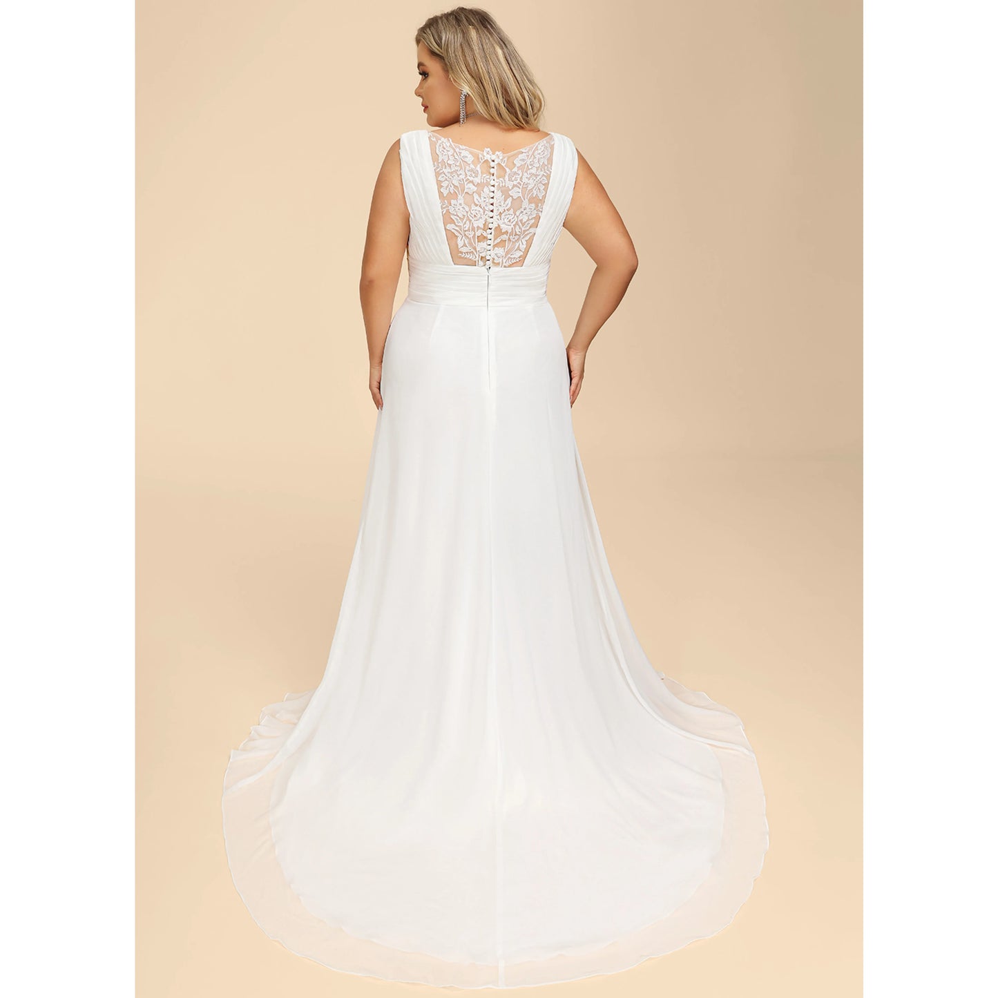 Elegant A-Line V-Neck Sleeveless Pleated Lace Back Ivory Floor-Length Wedding Gown