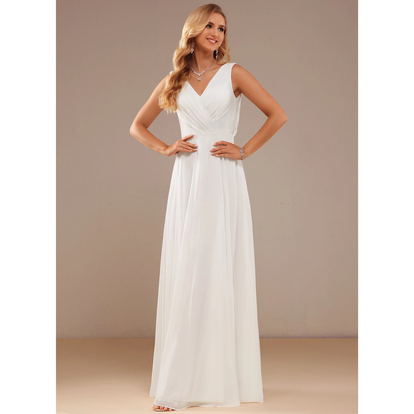 Elegant A-Line V-Neck Sleeveless Pleated Lace White Floor-Length Wedding Gown