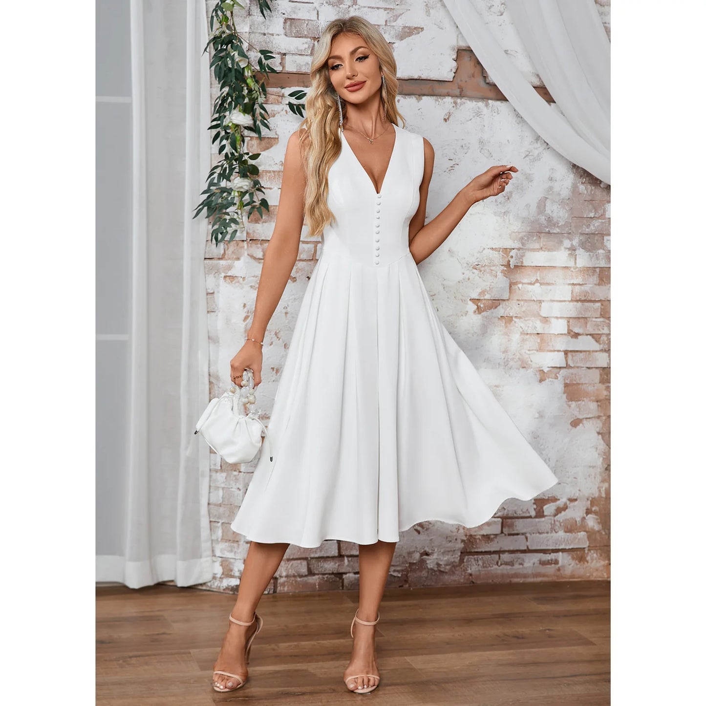 Elegant A-Line V-Neck Sleeveless Pleated White Midi Homecoming Dress