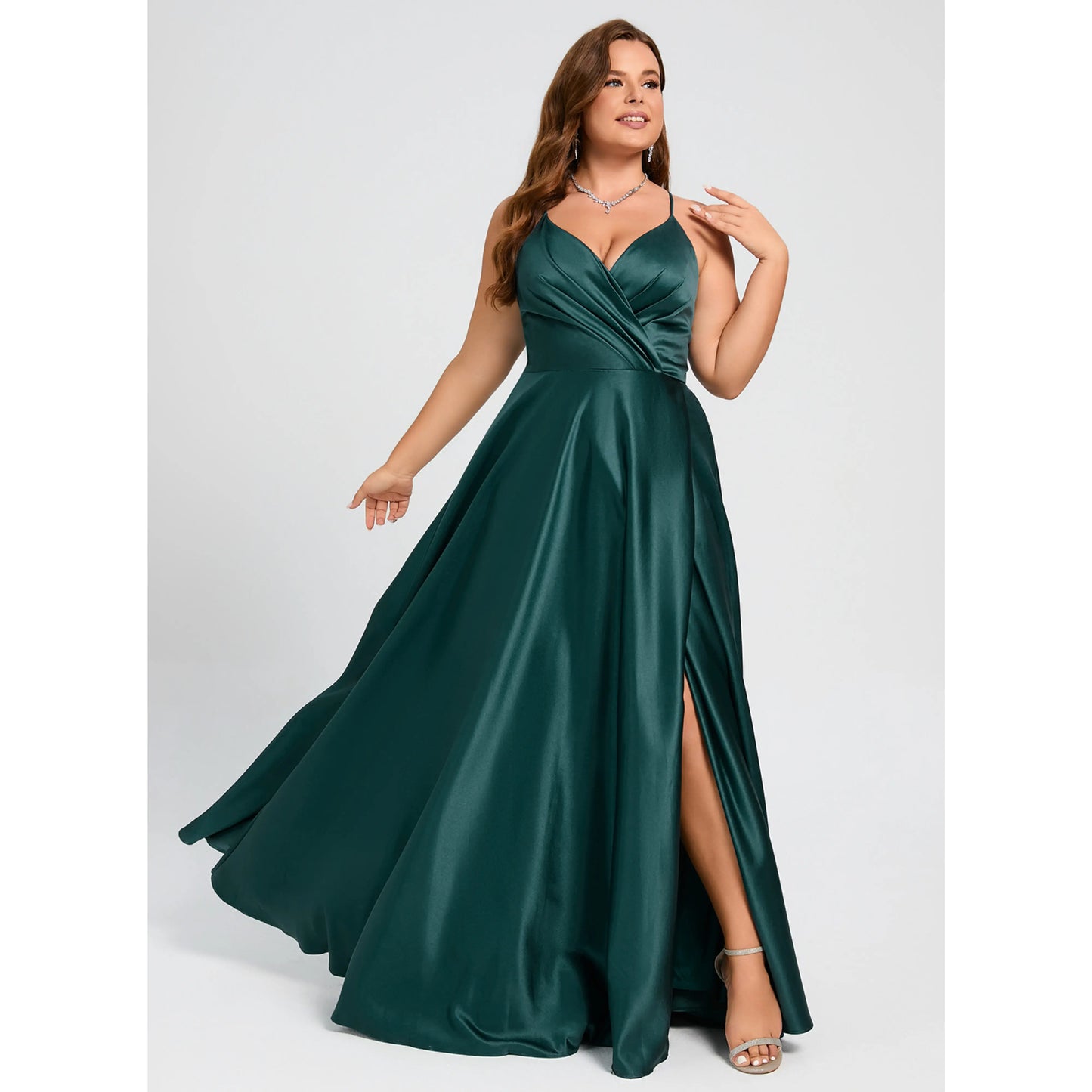 Elegant A-Line V-Neck Sleeveless Ruched High Slit Emerald Floor-Length Prom Gown