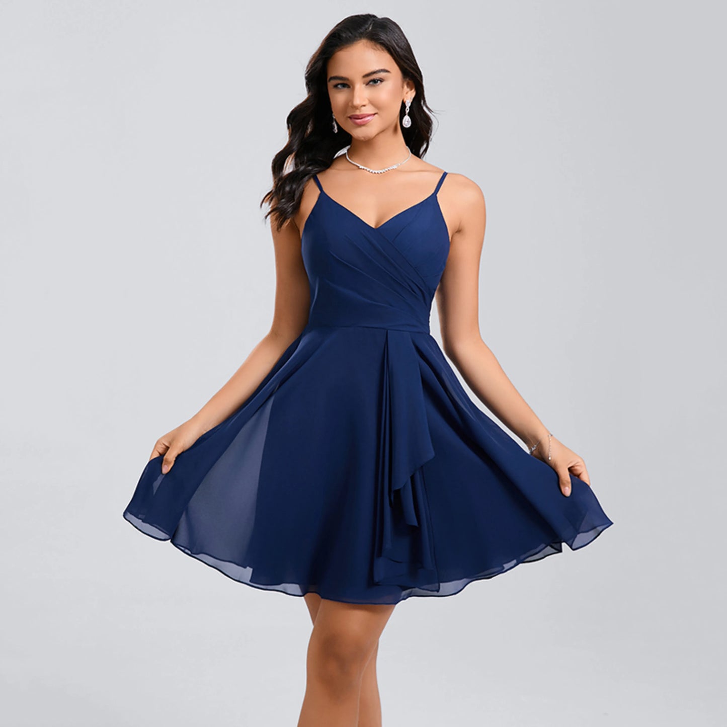 Elegant A-Line V-Neck Sleeveless Ruched Layered Navy Blue Short Homecoming Dress